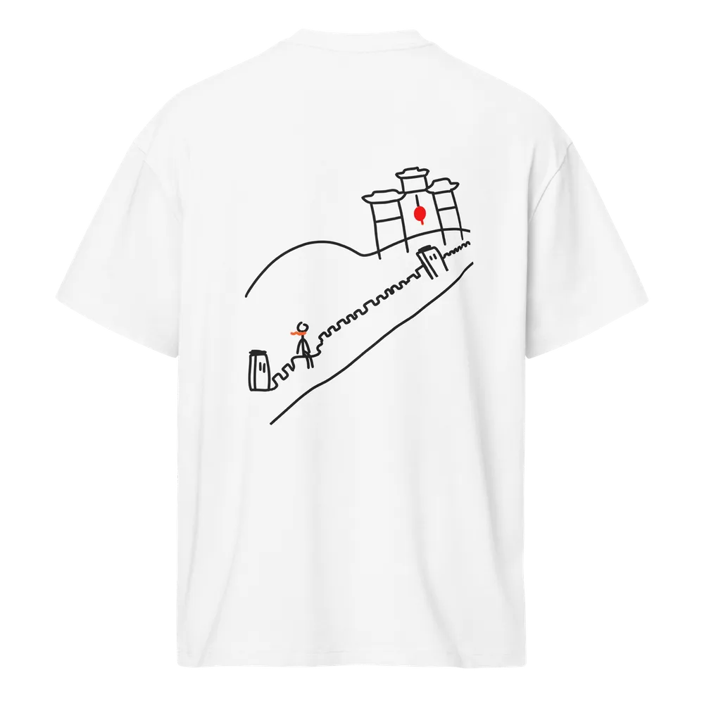 Stop 02 China tee, back: hand-drawn stickman in an orange scarf walking the Great Wall