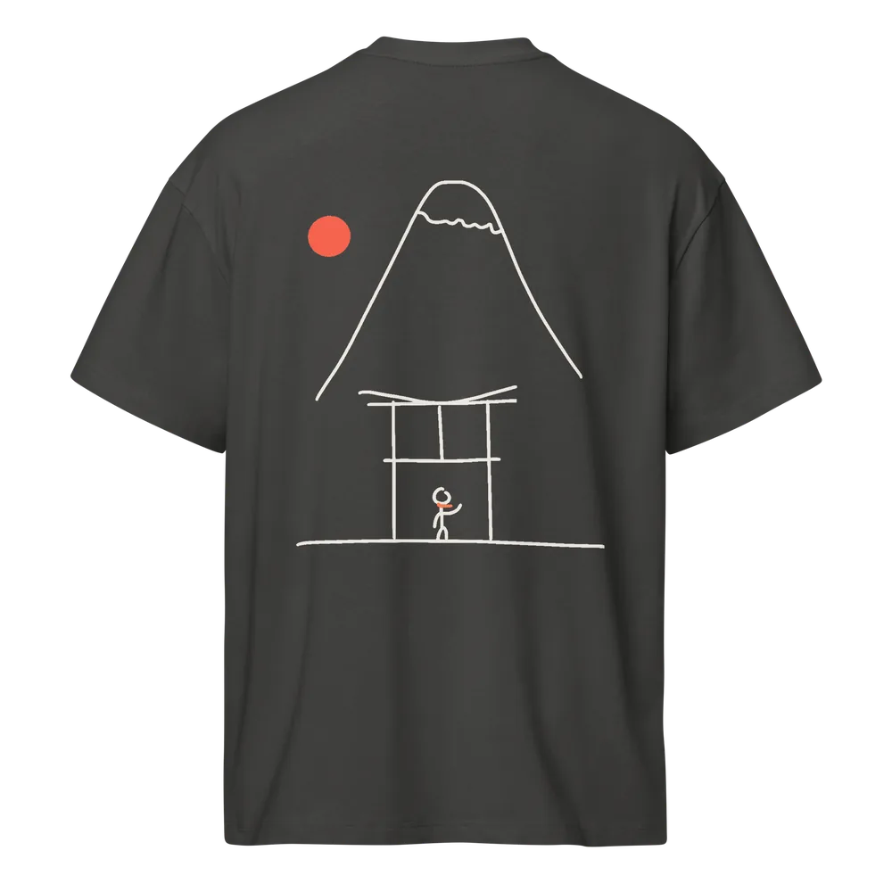 Stop 03 Japan tee in vintage black, back: hand-drawn Mt Fuji and a torii gate under a red sun, stickman waving