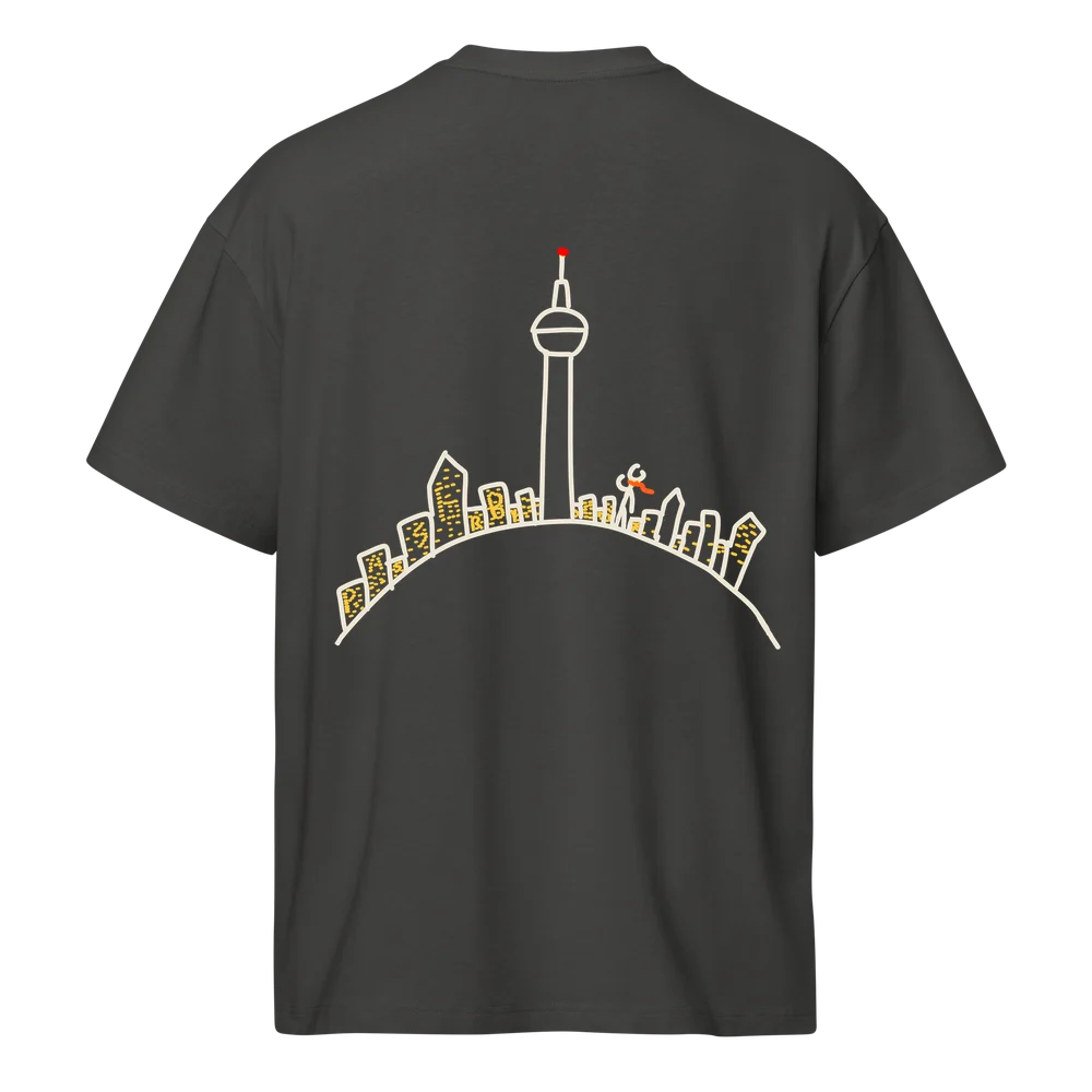 Stop 01 South Korea tee, back: hand-drawn Seoul skyline at night on a curved world, N Seoul Tower in the middle, stickman with an orange scarf on top